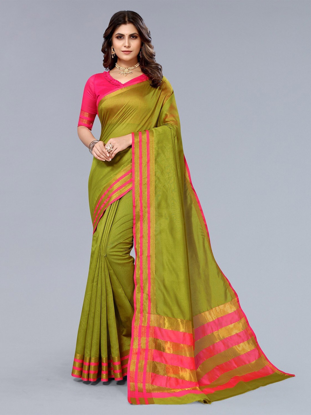 

KALINI Zari Border Silk Cotton Saree, Green