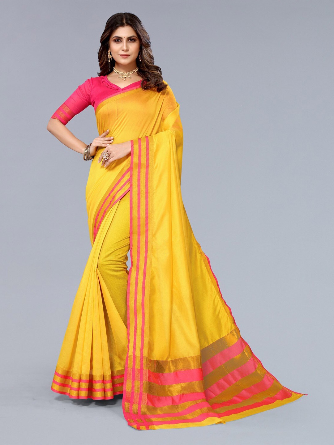 

KALINI Zari Border Silk Cotton Saree, Yellow