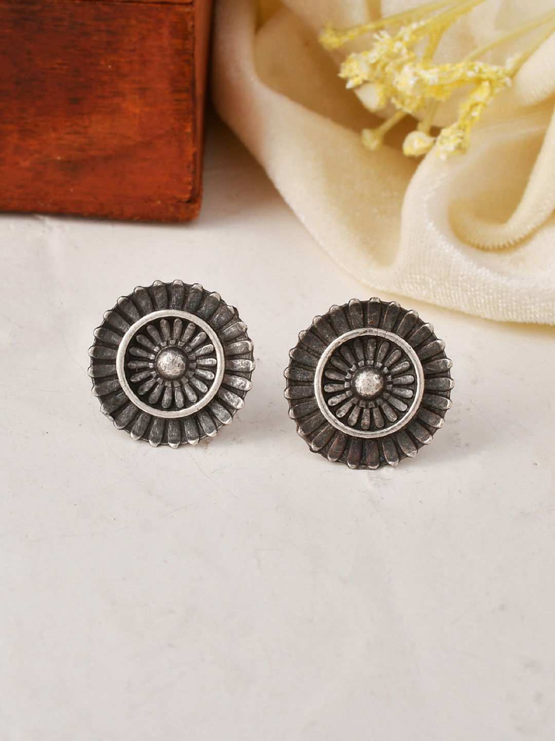 

Ishhaara Circular Oxidised Studs Earrings, Silver