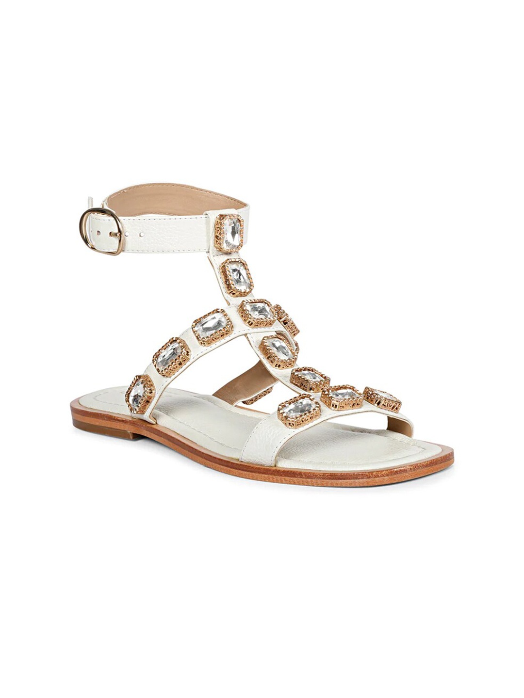 

Saint G Embellished Leather Open Toe Flats, White