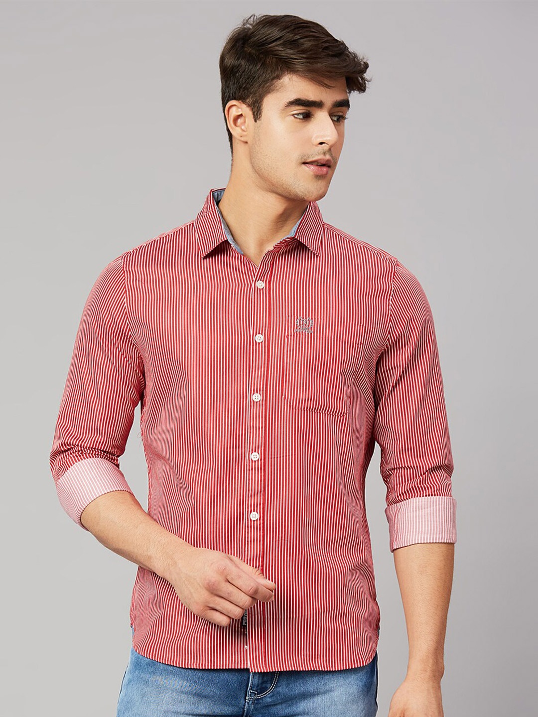 

Provogue Men Classic Slim Fit Striped Pure Cotton Casual Shirt, Red