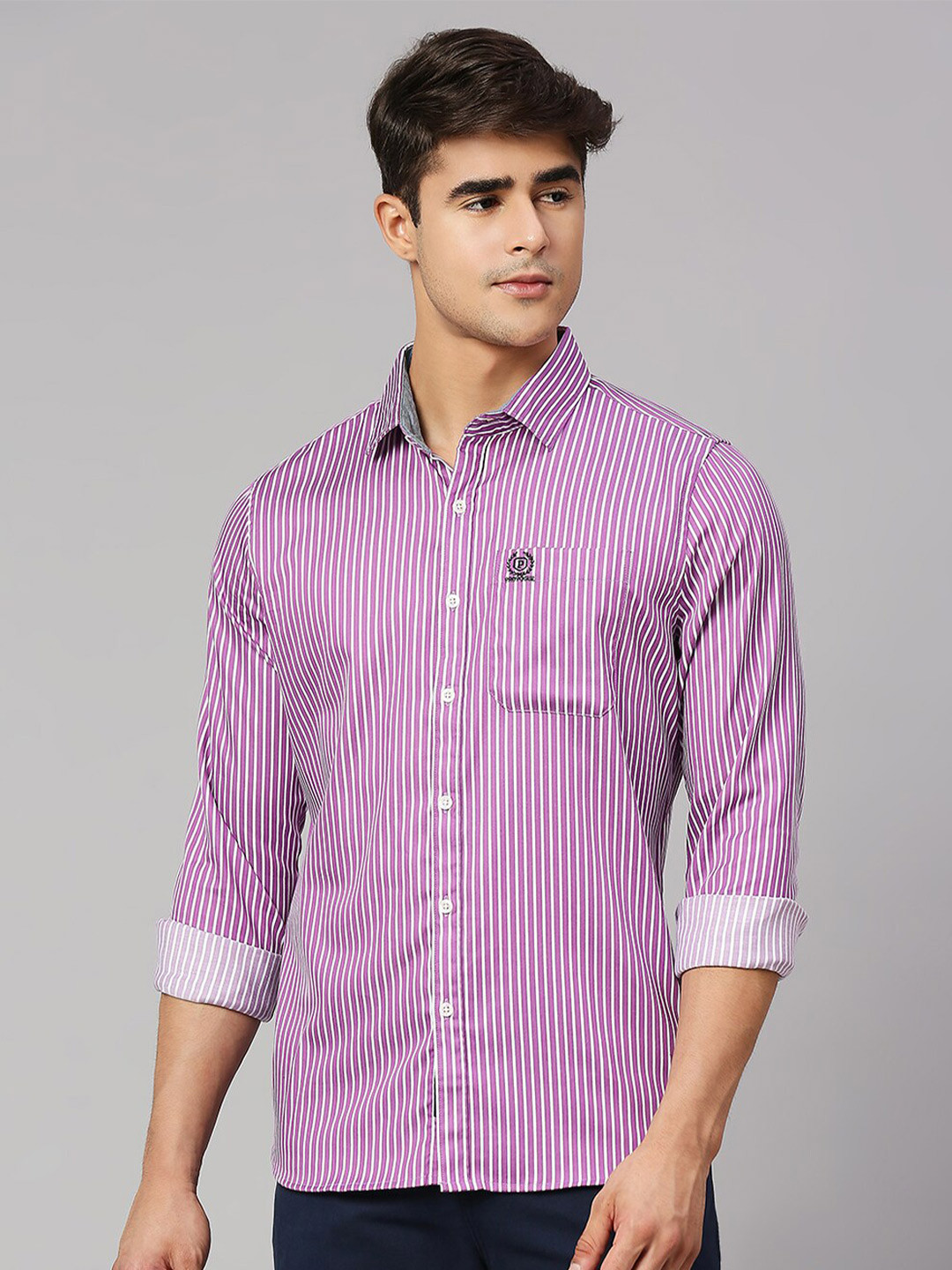 

Provogue Men Classic Slim Fit Striped Pure Cotton Casual Shirt, Purple