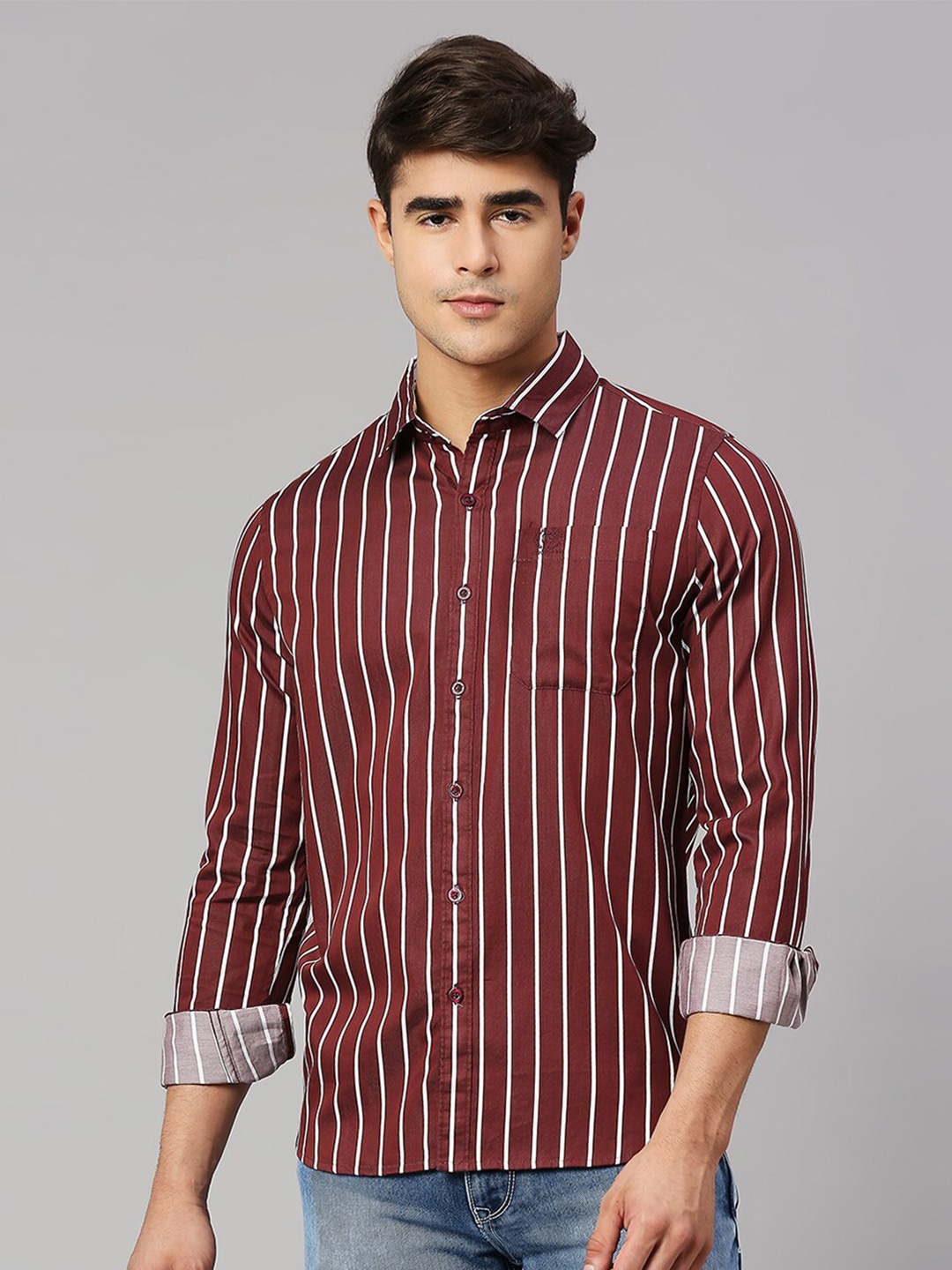 

Provogue Men Classic Slim Fit Striped Pure Cotton Casual Shirt, Brown