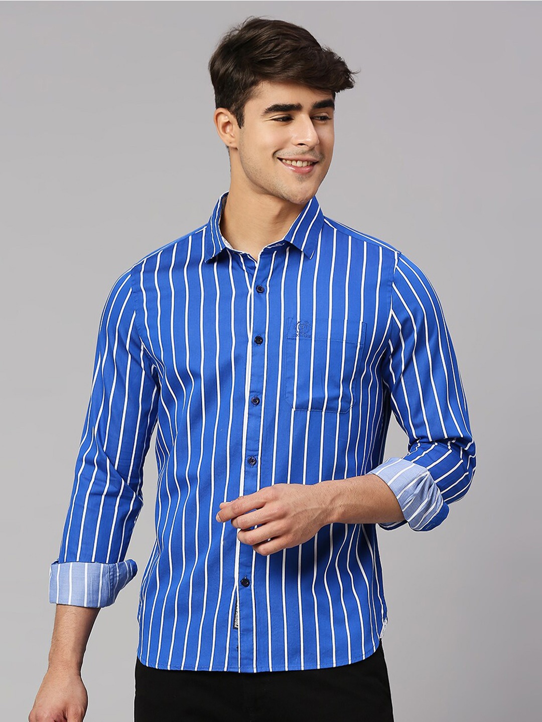 

Provogue Men Classic Slim Fit Striped Pure Cotton Casual Shirt, Blue