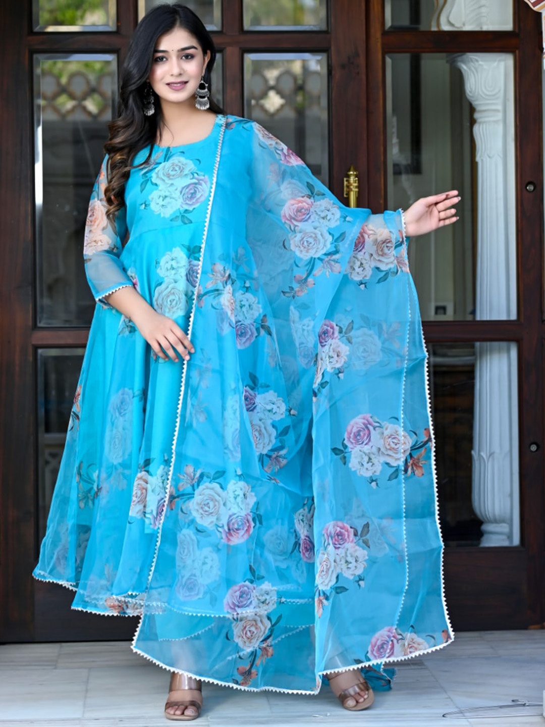 

KALINI Floral Printed Gotta Patti Kurta With Trousers & Dupatta, Blue