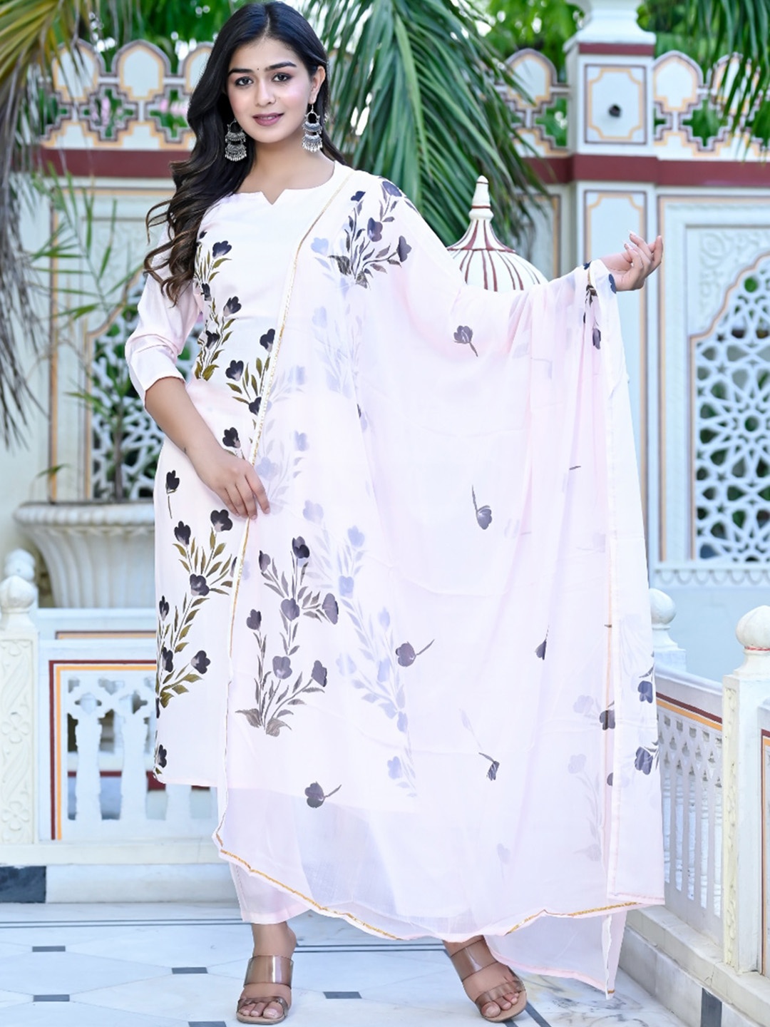 

KALINI Floral Printed Regular Kurta With Trousers & Dupatta, Peach