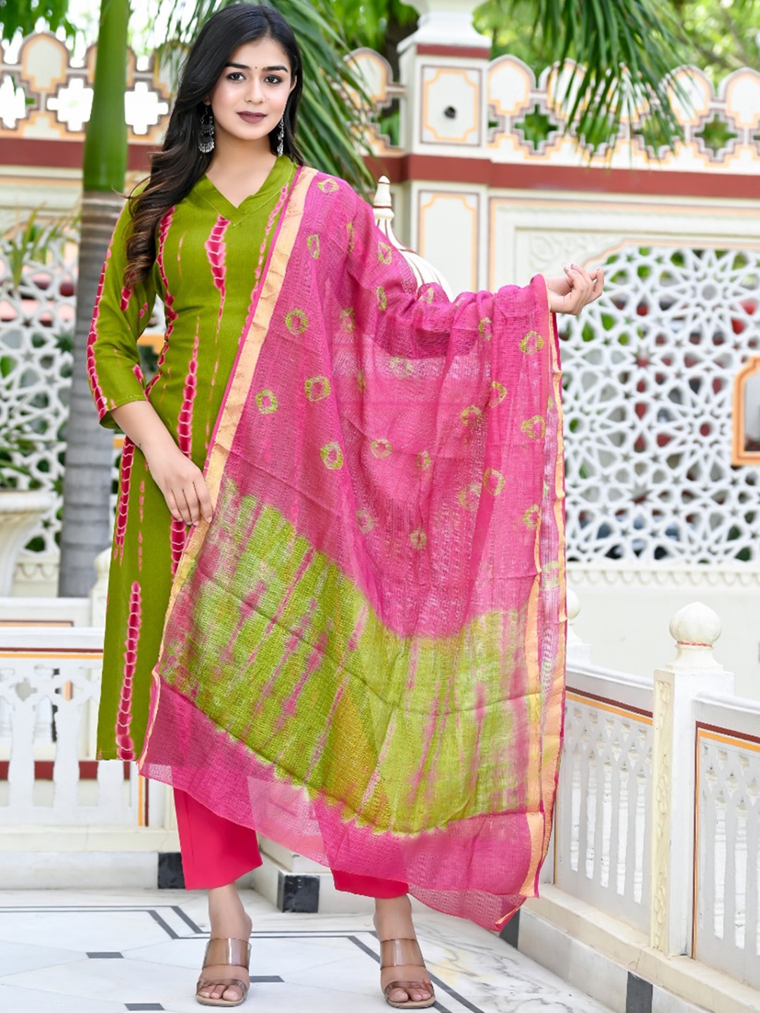 GoSriKi Dyed Straight Kurta With Trousers & Dupatta, Pink