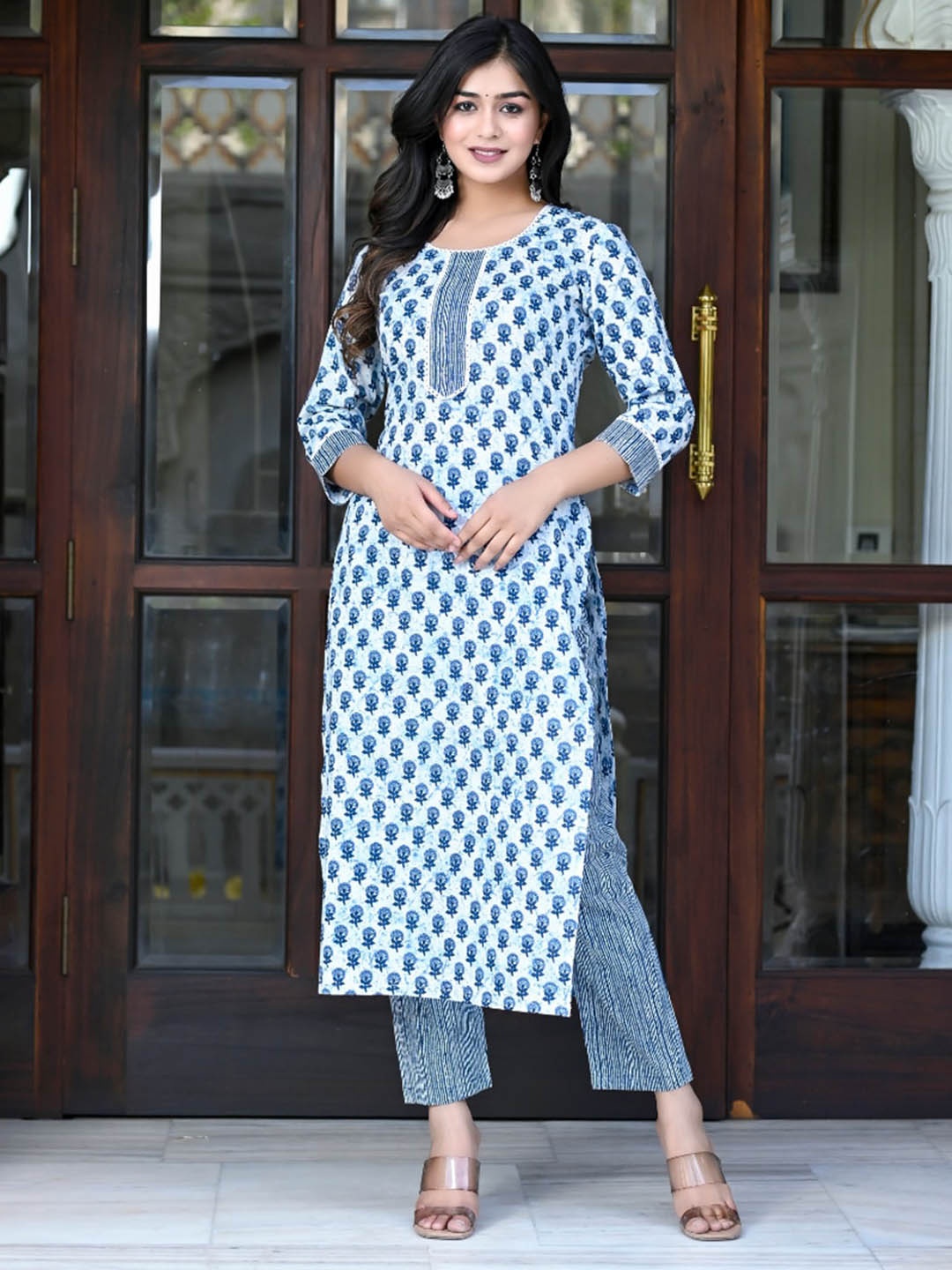 

KALINI Ethnic Motifs Printed Kurta with Trousers, White