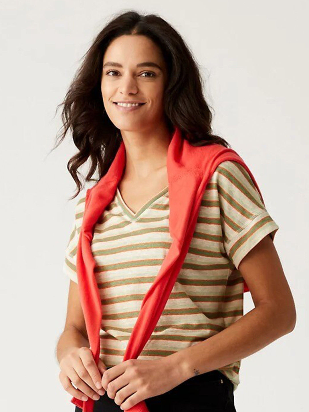 

Marks & Spencer Striped V-Neck T-Shirt, Green
