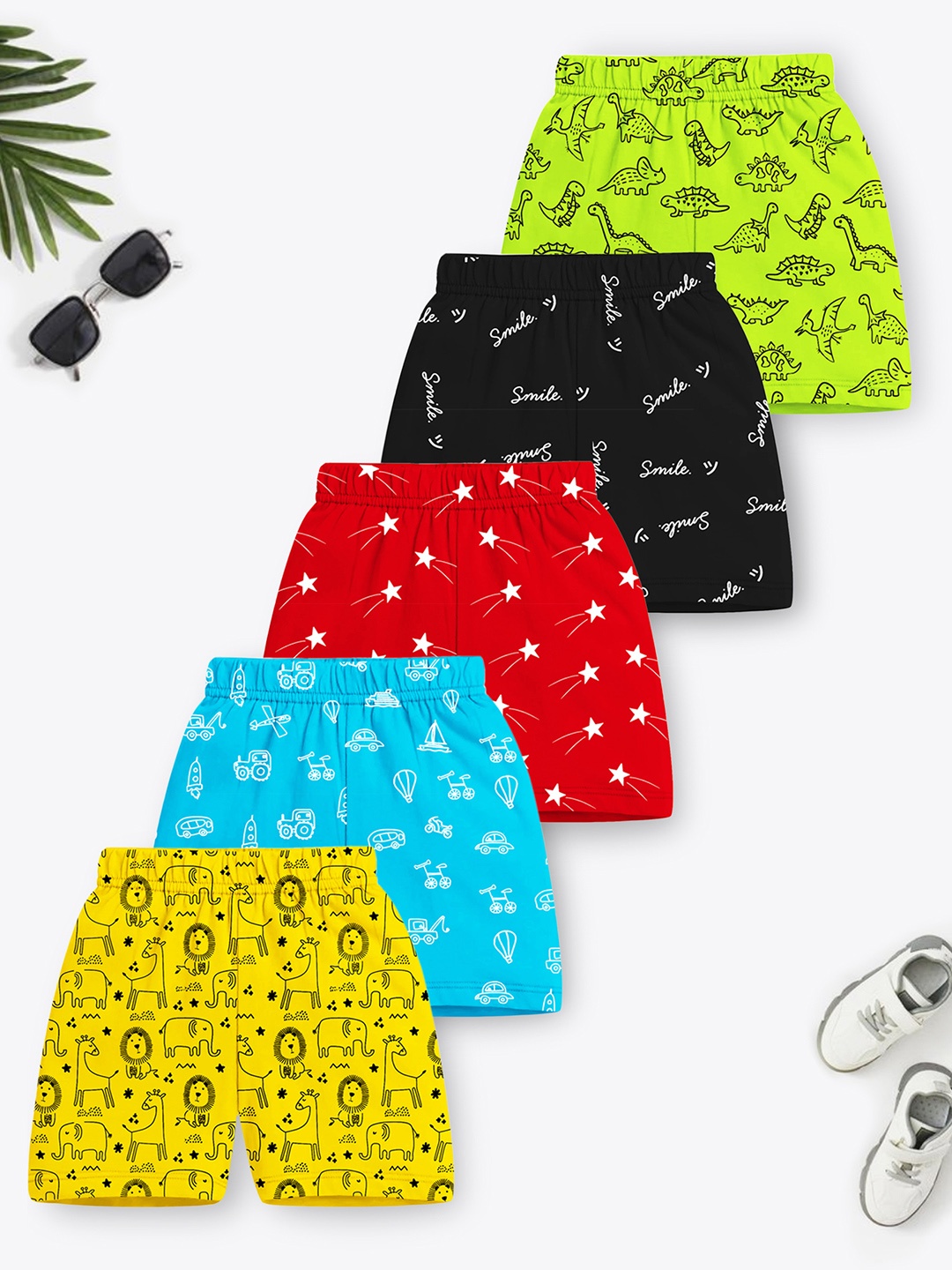 

Trampoline Kids Pack Of 5 Graphic Printed High-Rise Cotton Shorts, Yellow