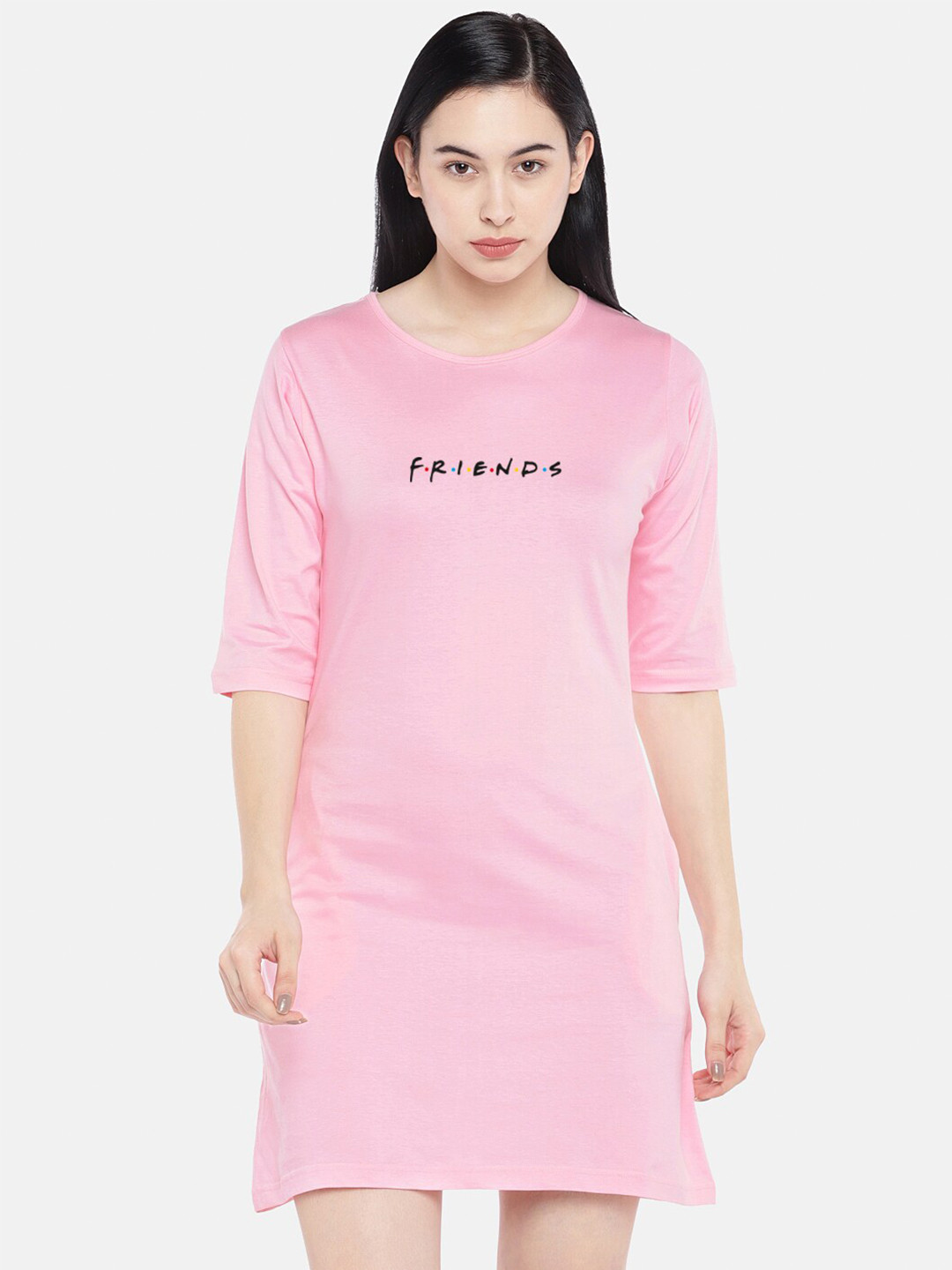 

STATUS MANTRA Typography Printed Pure Cotton T-shirt Dress, Pink