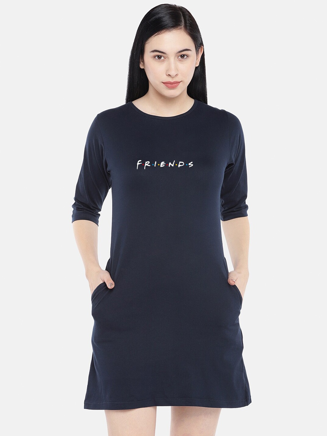 

STATUS MANTRA Typography Printed Pure Cotton T-shirt Dress, Navy blue