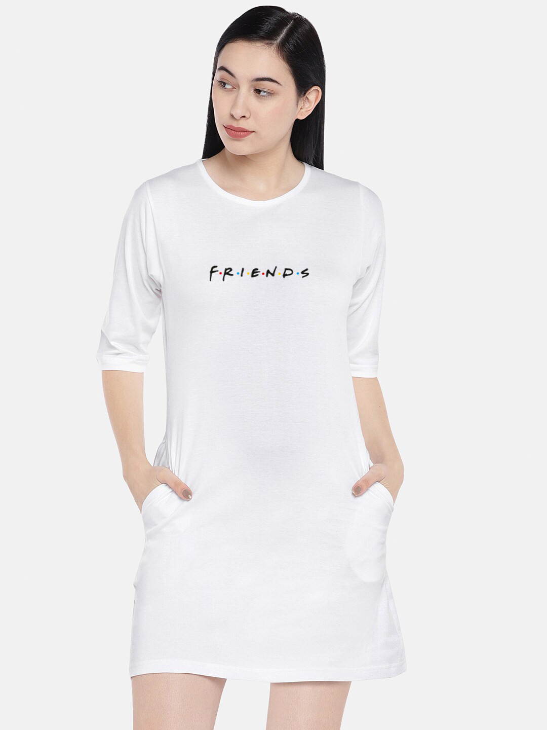

STATUS MANTRA Typography Printed Pure Cotton T-shirt Dress, White