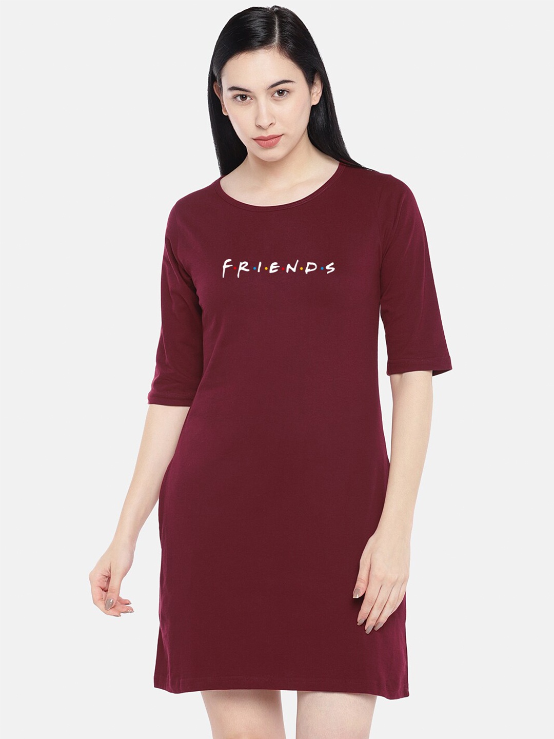 

STATUS MANTRA Typography Printed Pure Cotton T-shirt Dress, Maroon