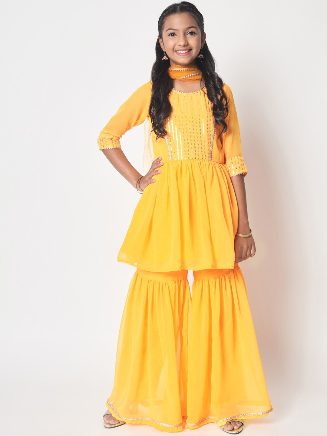 studio rasa Girls Embroidered Kurti with Sharara & With Dupatta, Yellow