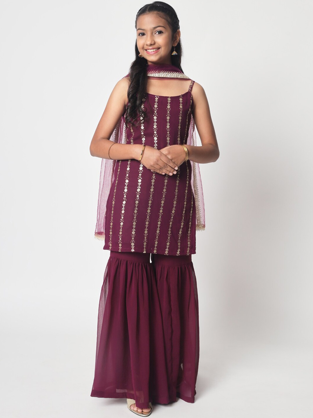 

studio rasa Girls Embroidered Kurti with Sharara & With Dupatta, Purple