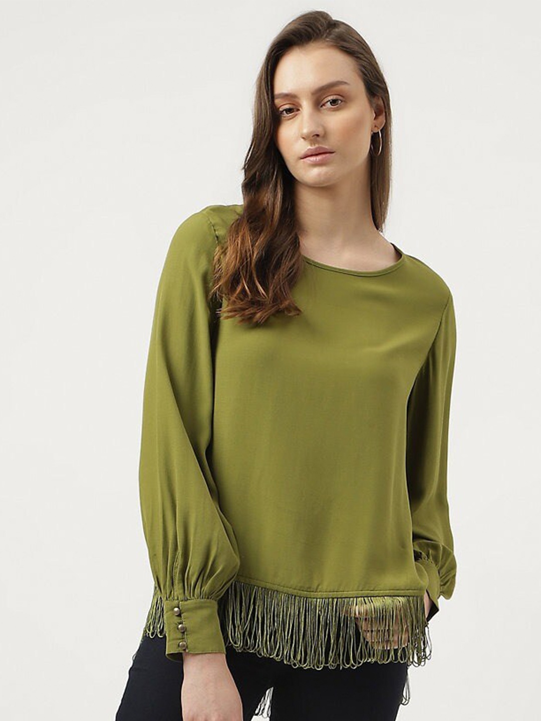 

Marks & Spencer Puff Sleeves Fringed Top, Green