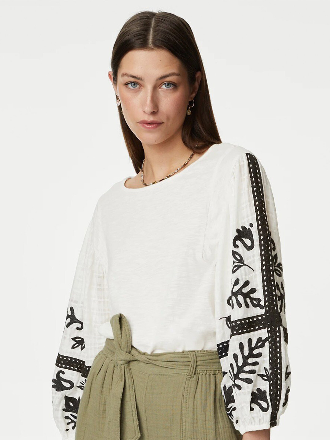 

Marks & Spencer Embroidered Puff Sleeves Pure Cotton Top, White