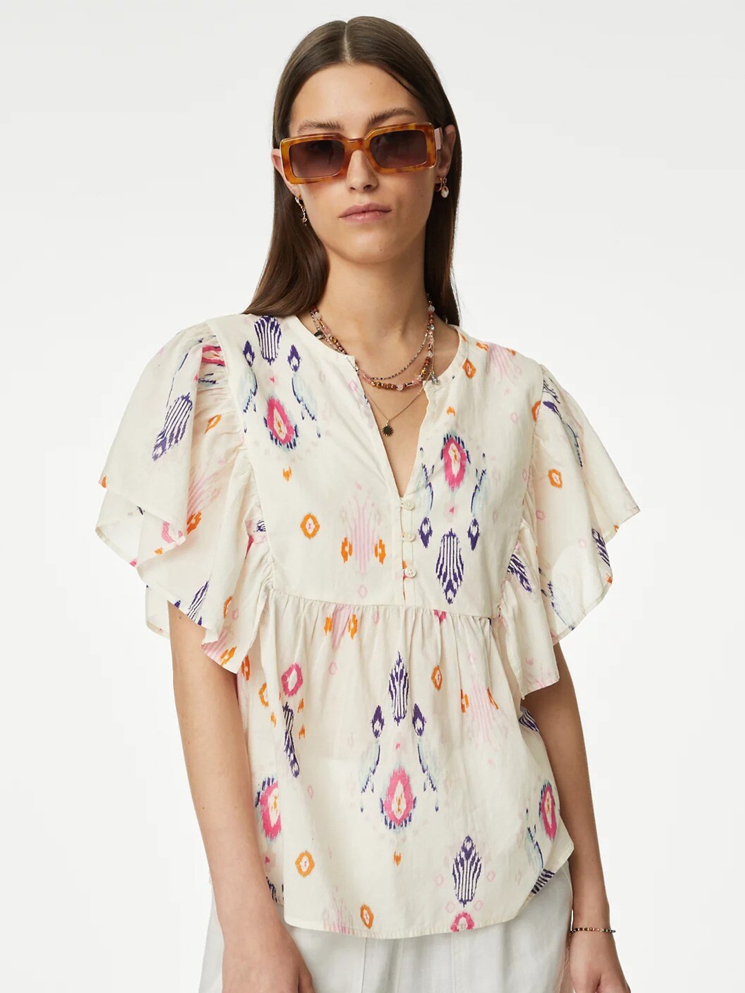 

Marks & Spencer Abstract Printed V-Neck Flutter Sleeves Cotton Top, Cream