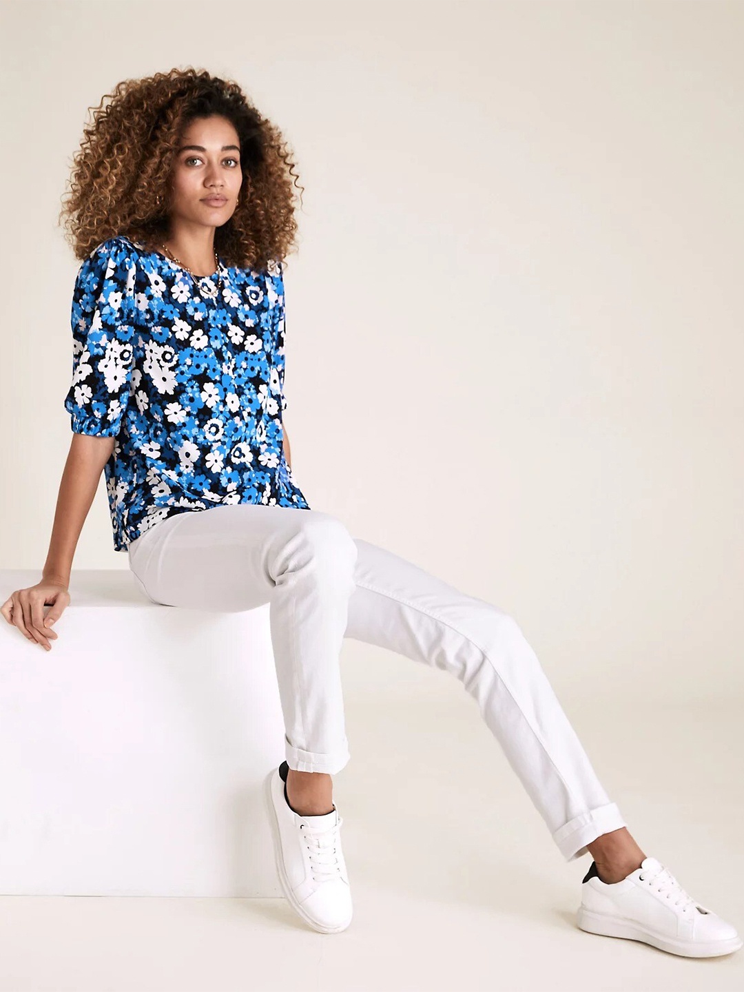 

Marks & Spencer Floral Printed Puff Sleeves Top, Black