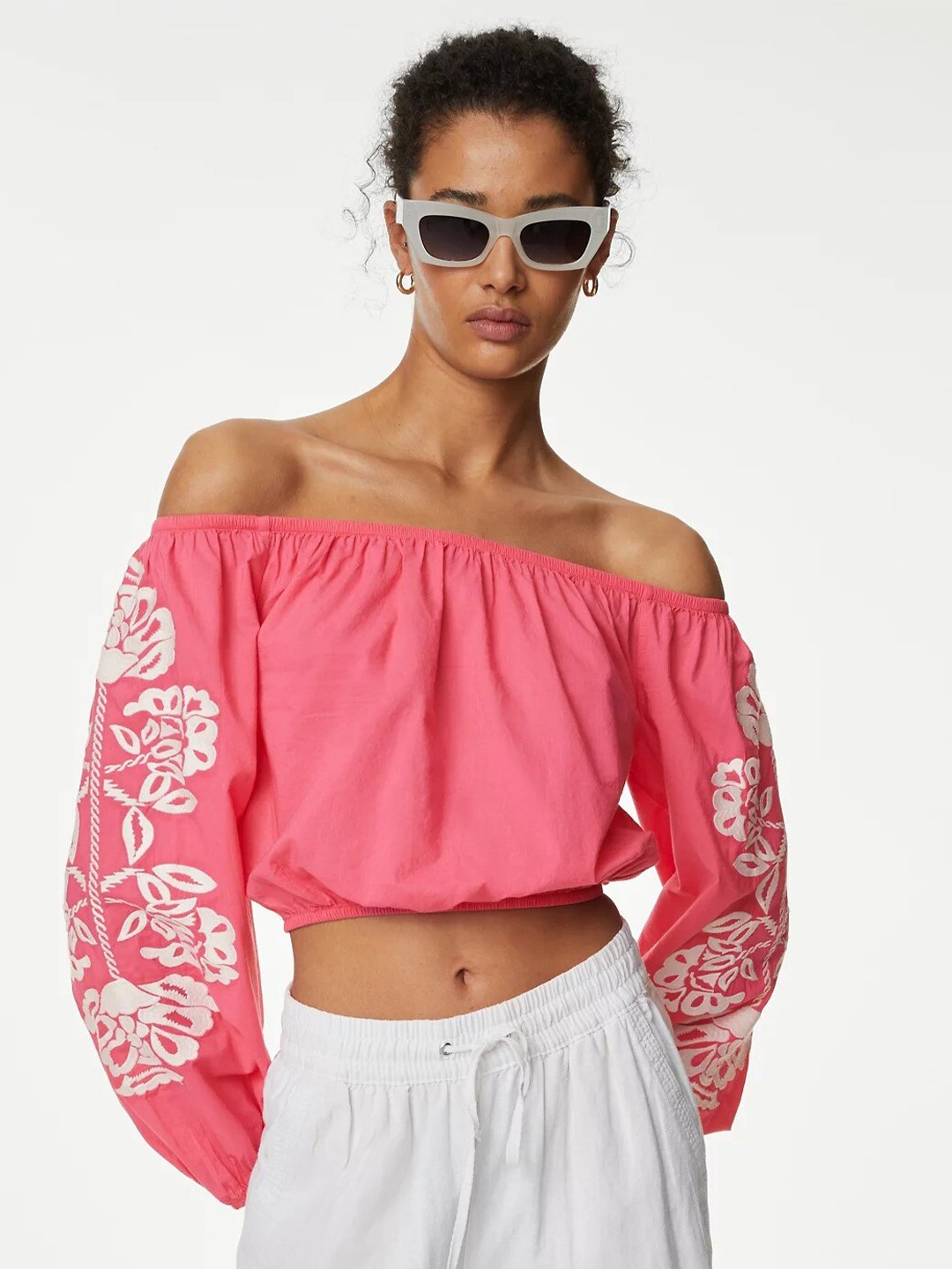 

Marks & Spencer Floral Printed Off-Shoulder Pure Cotton Bardot Crop Top, Pink