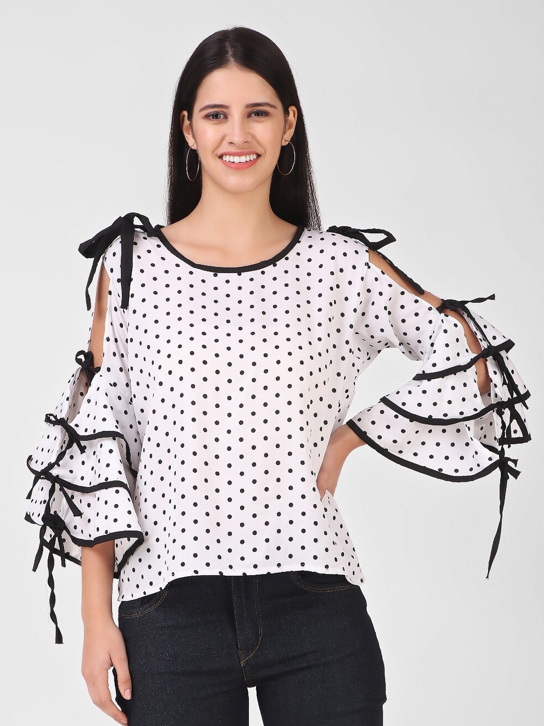 

KASHIAN Polka Dot Printed Cold-Shoulder Regular Top, White