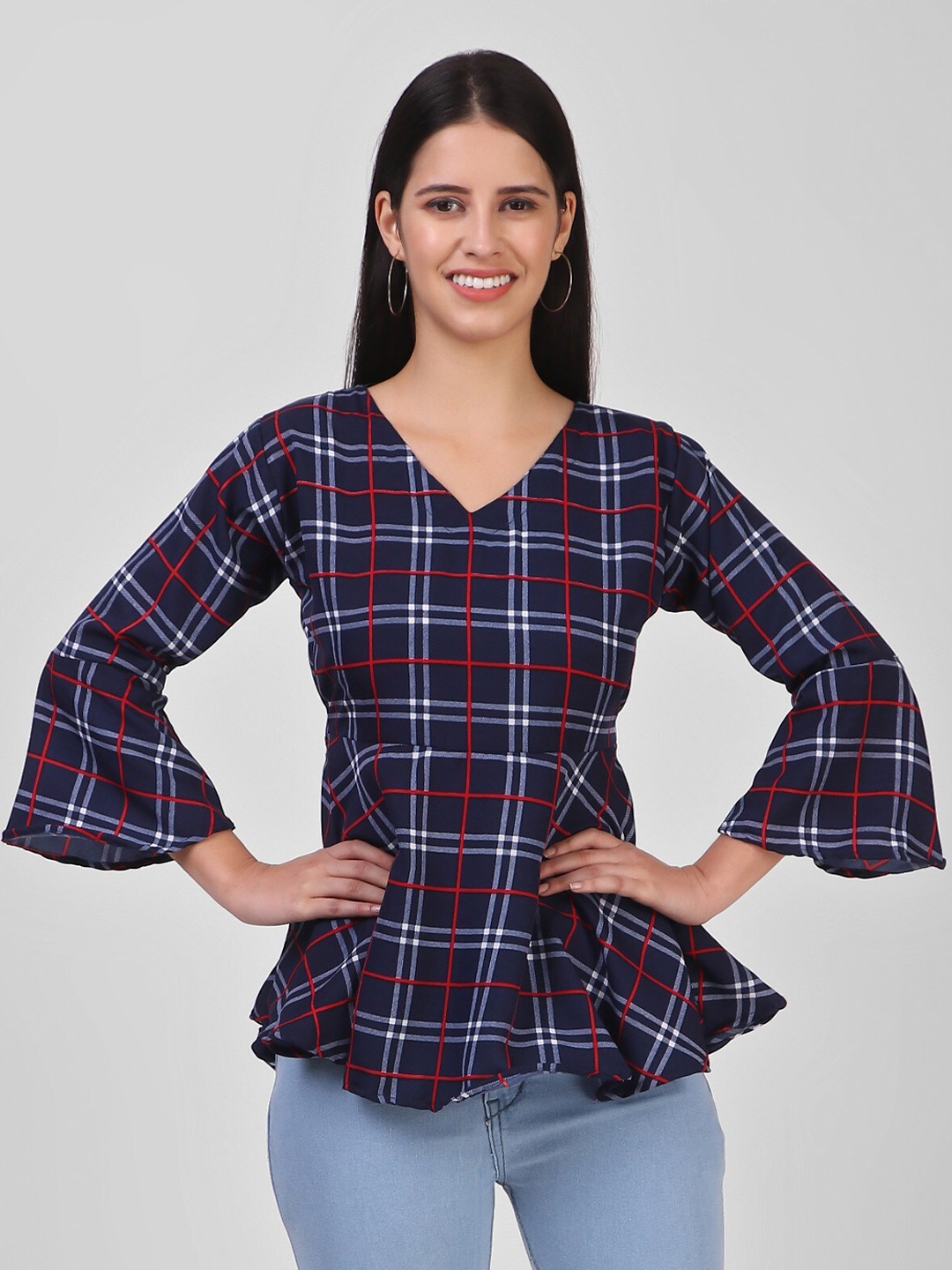 

KASHIAN Checked Bell Sleeves Empire Top, Blue