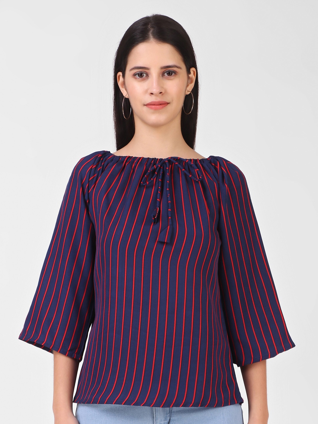 

KASHIAN Blue Striped Tie-Up Neck Crepe Top