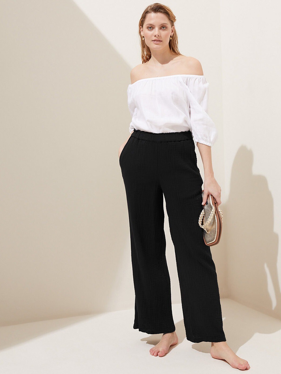 

Marks & Spencer Women Straight Fit High-Rise Pure Cotton Parallel Trousers, Black