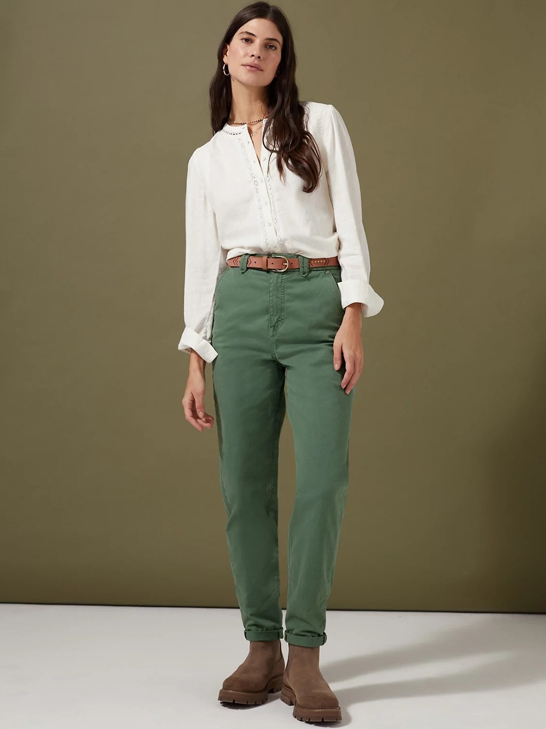 

Marks & Spencer Women Tapered Fit High-Rise Trousers, Green