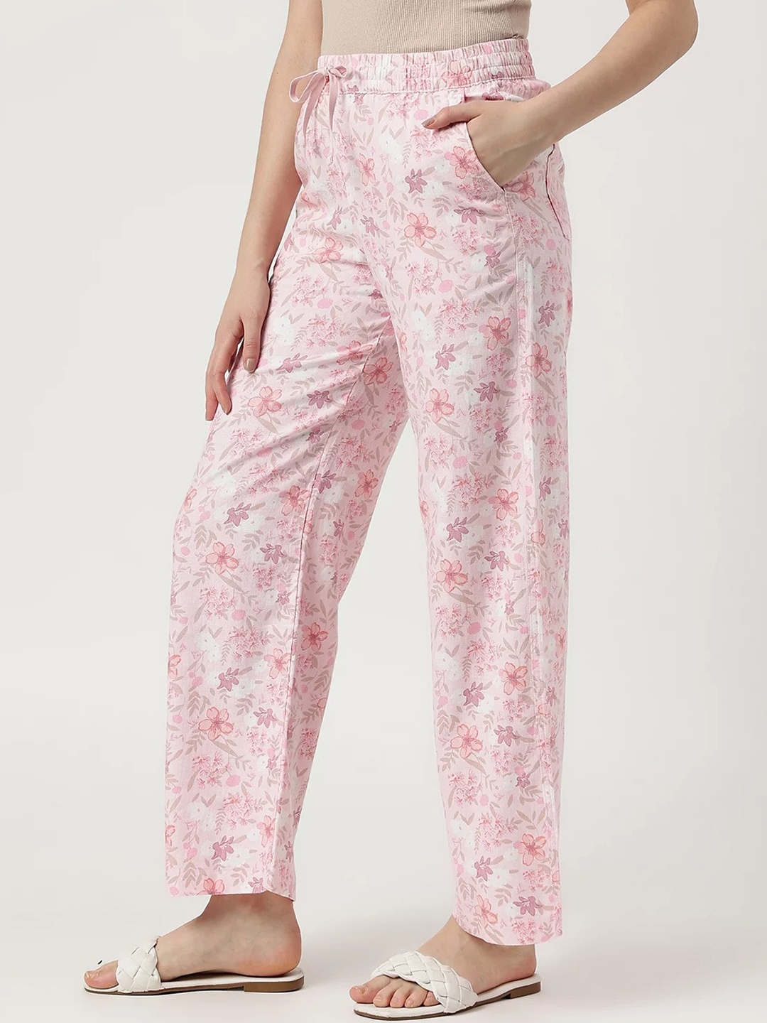 

Marks & Spencer Women Floral Printed Straight Fit High-Rise Trousers, Cream