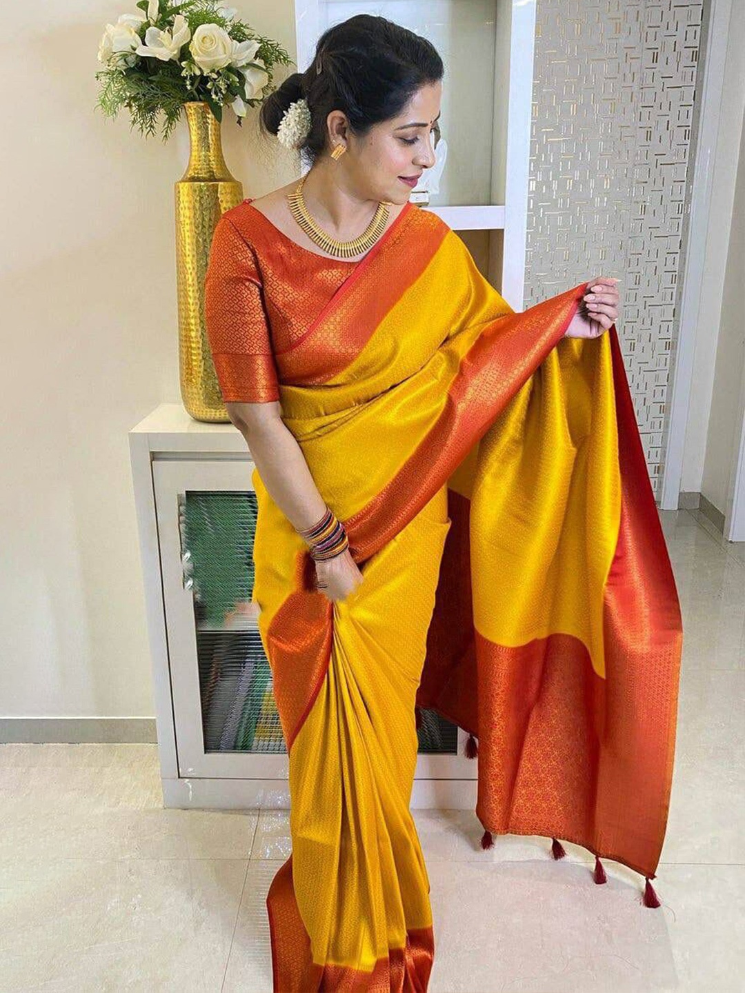 

MARGI DESIGNERS Woven Design Zari Art Silk Banarasi Saree, Yellow
