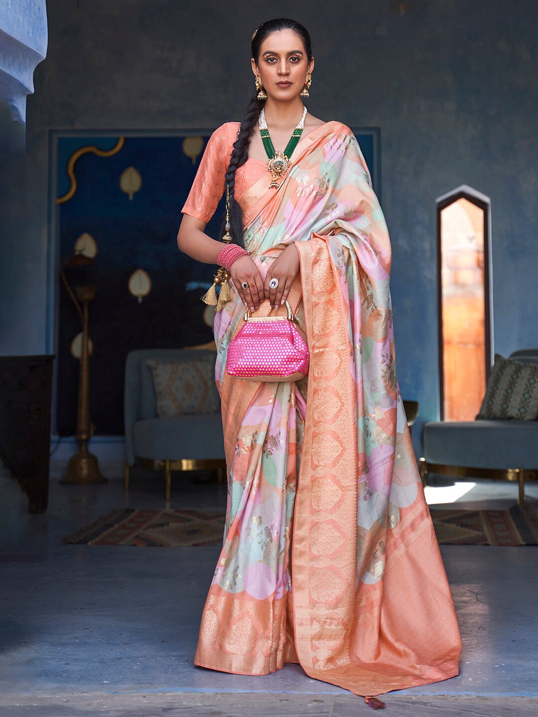 

Anouk Woven Design Zari Silk Blend Banarasi Saree, Peach