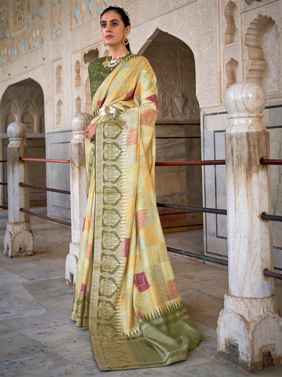 

Anouk Green & Maroon Woven Design Zari Silk Blend Banarasi Saree