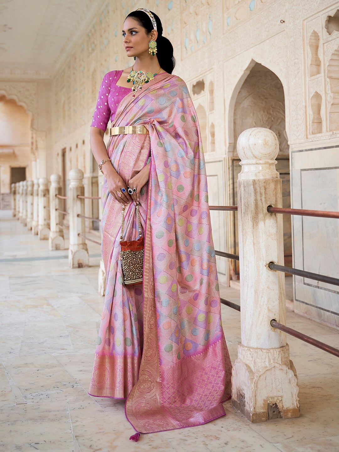 

Anouk Mauve & Green Geometric Woven Design Zari Banarasi Saree