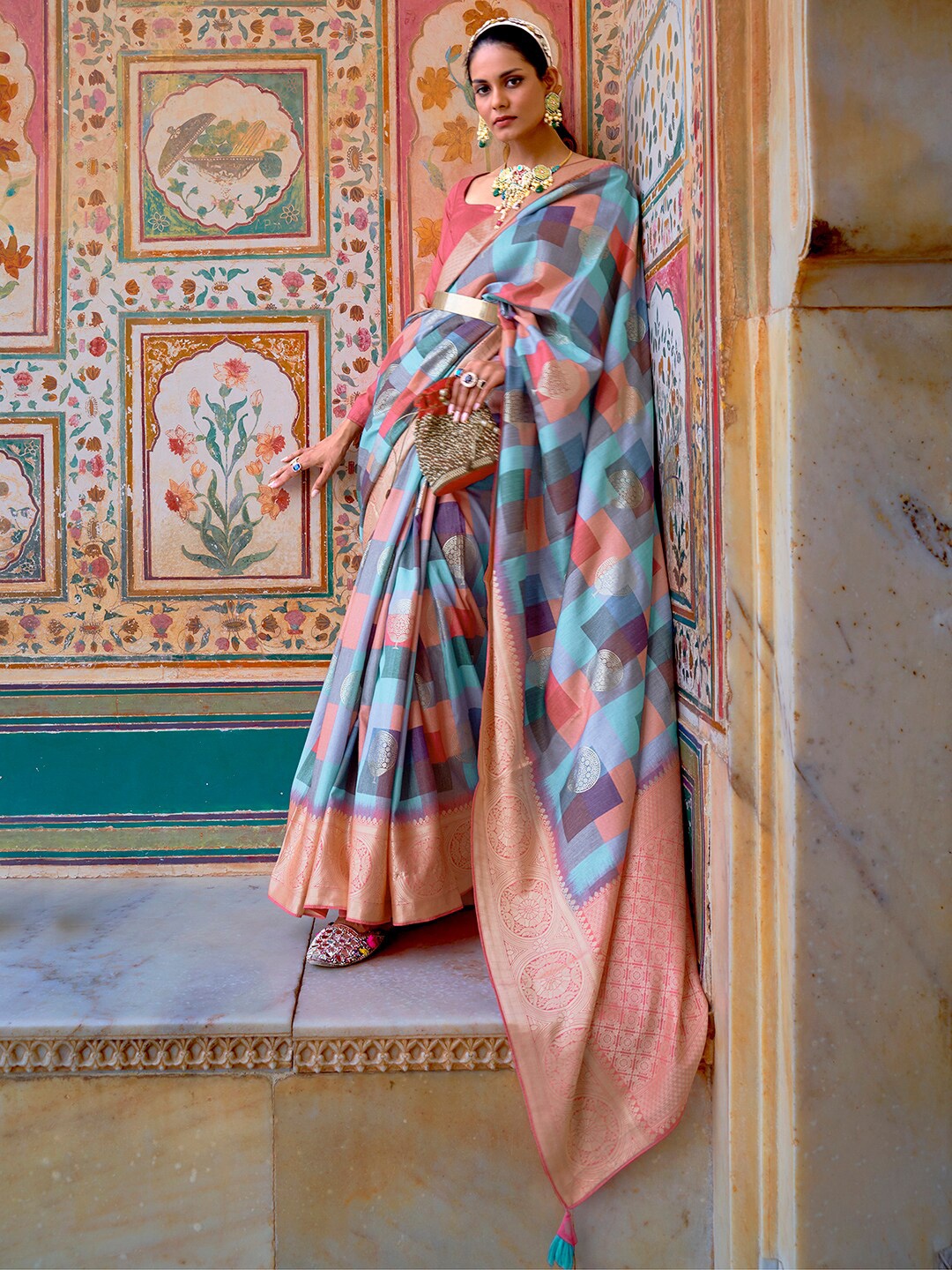 

Anouk Blue & Pink Printed Zari Silk Blend Banarasi Saree