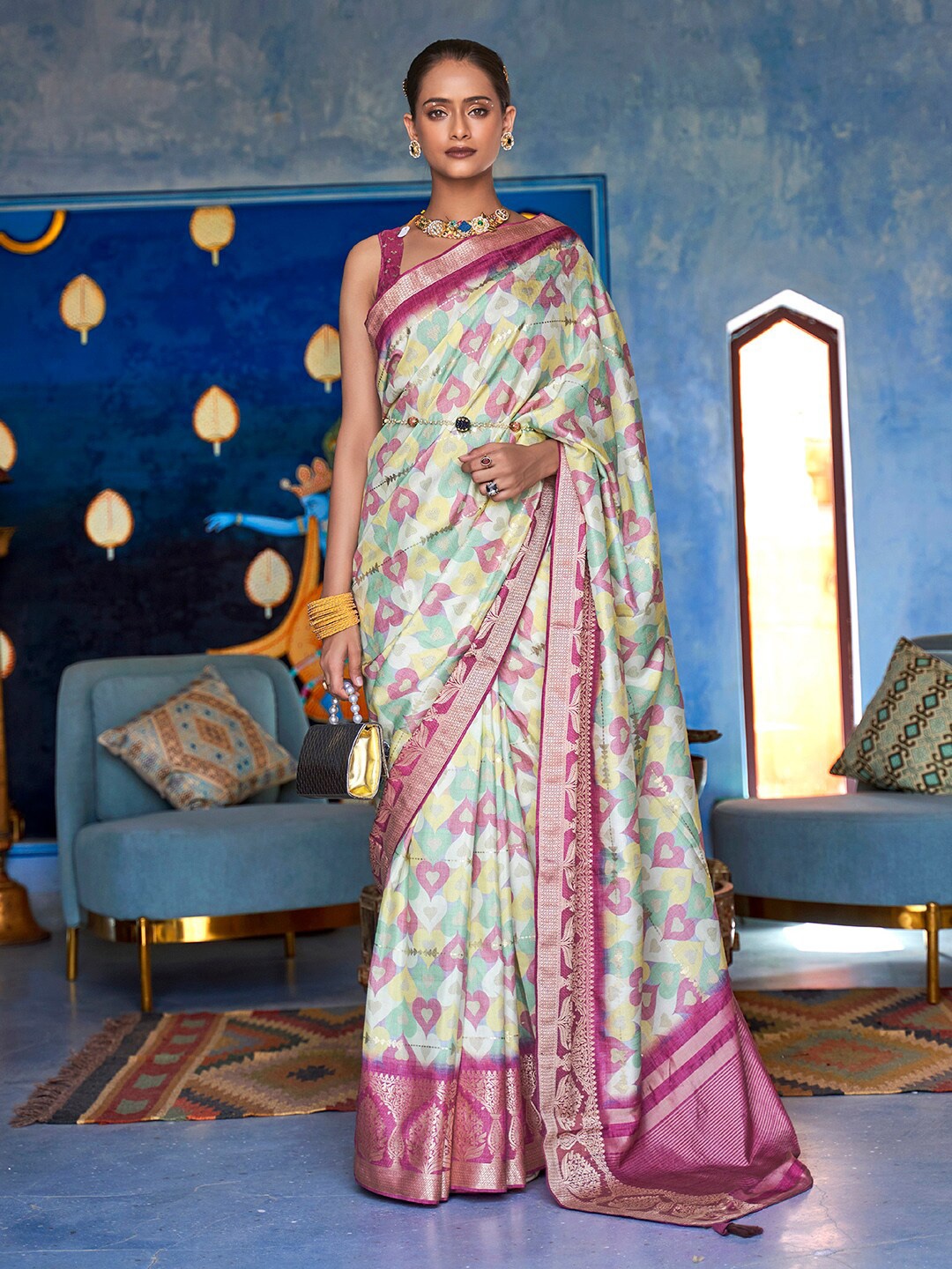 Anouk Green & Pink Woven Design Zari Banarasi Saree