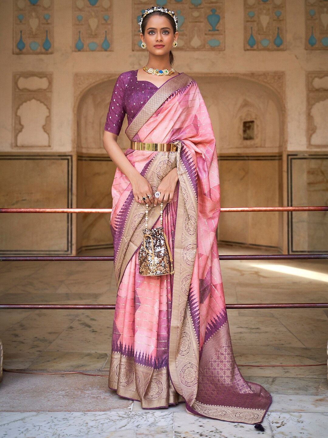 

Anouk Pink & Gold-Toned Woven Design Zari Silk Blend Banarasi Saree