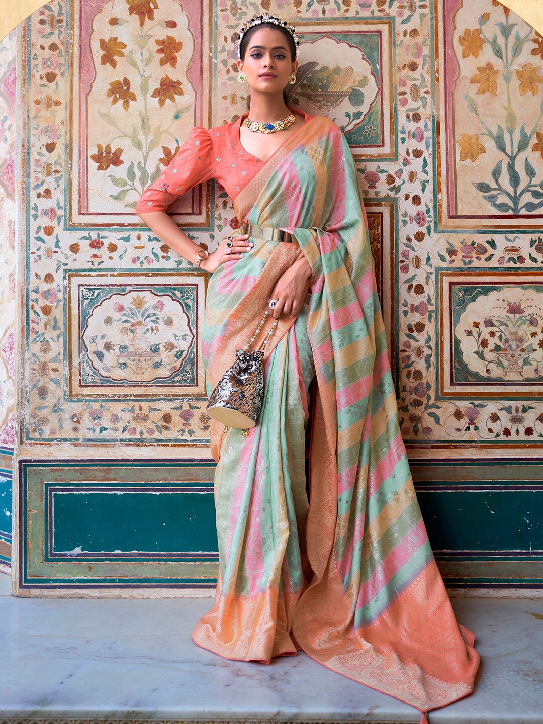 

Anouk Orange & Blue Woven Design Zari Banarasi Saree