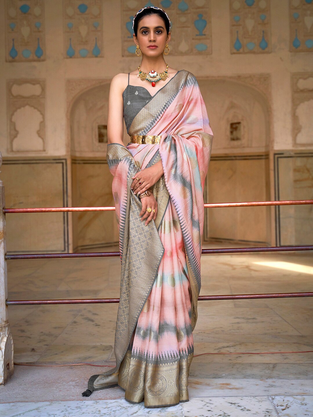 

Anouk Pink & Gold-Toned Woven Design Zari Silk Blend Banarasi Saree