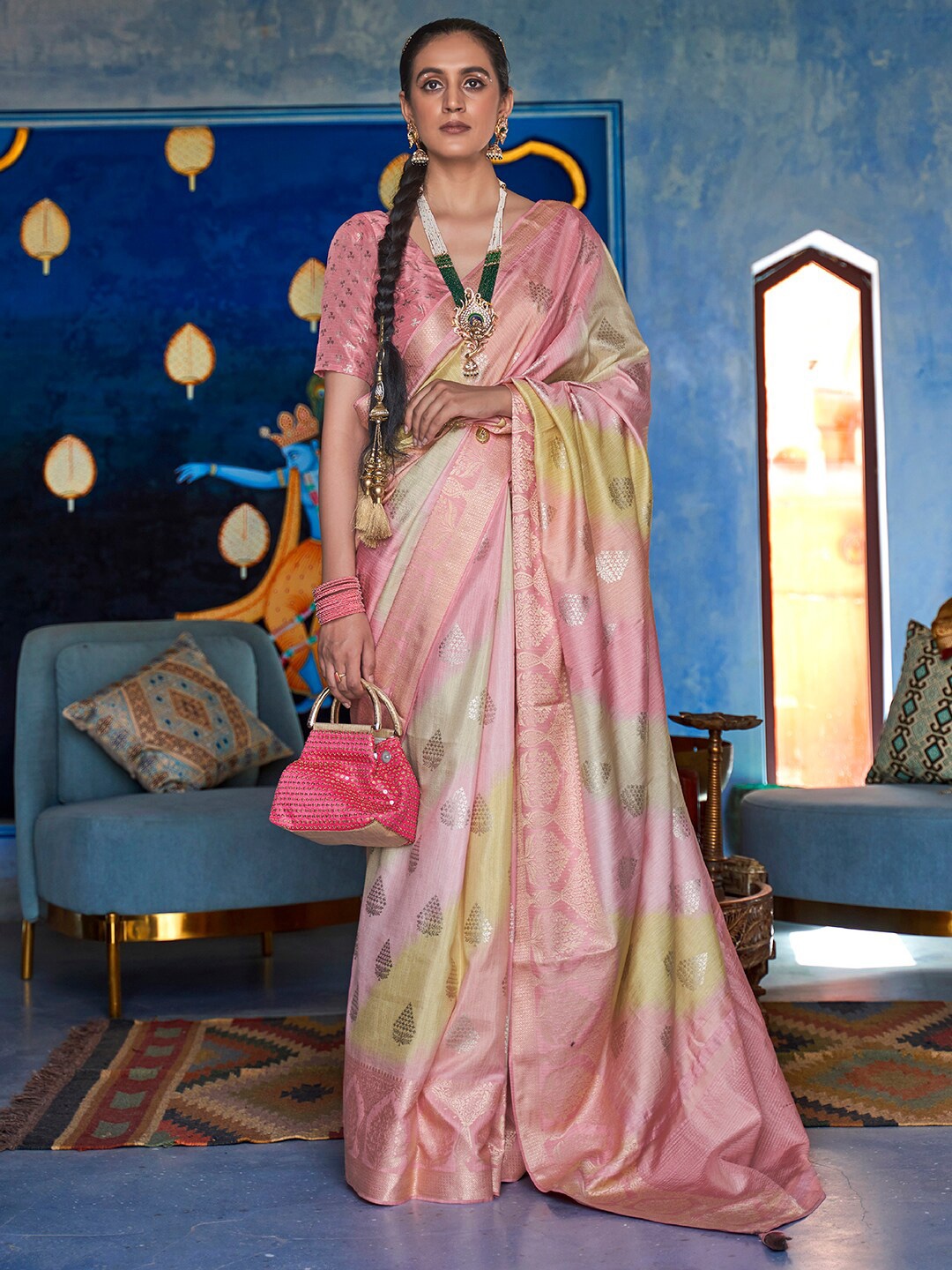 

Anouk Pink Woven Design Zari Banarasi Saree