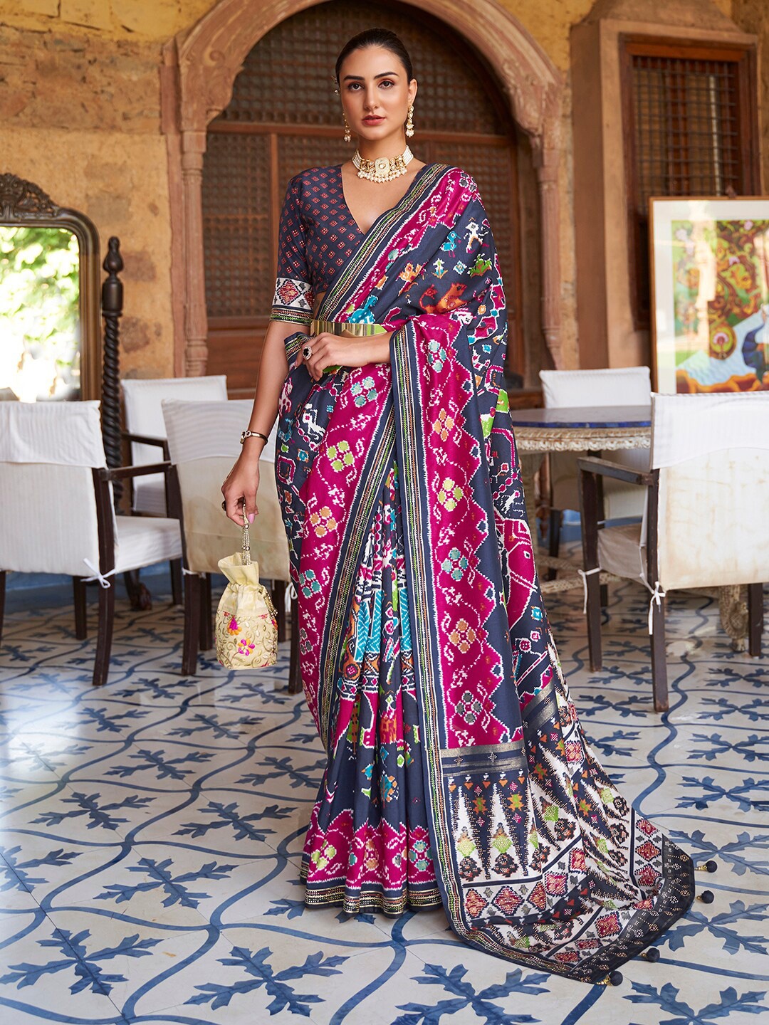 

Anouk Ethnic Motifs Beads and Stones Silk Blend Patola Saree, Grey