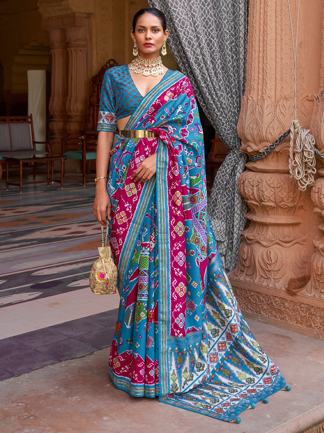 

Anouk Blue & Pink Ethnic Motifs Printed Beads And Stones Patola Saree