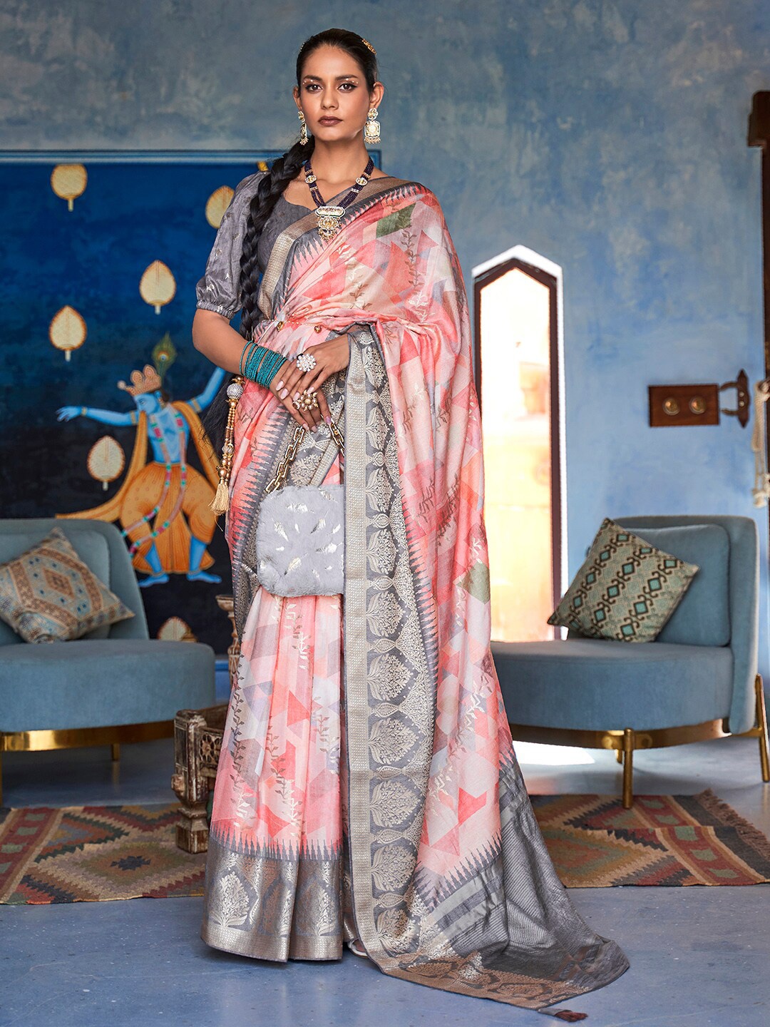 

Anouk Peach-Coloured & Grey Woven Design Zari Silk Blend Banarasi Saree