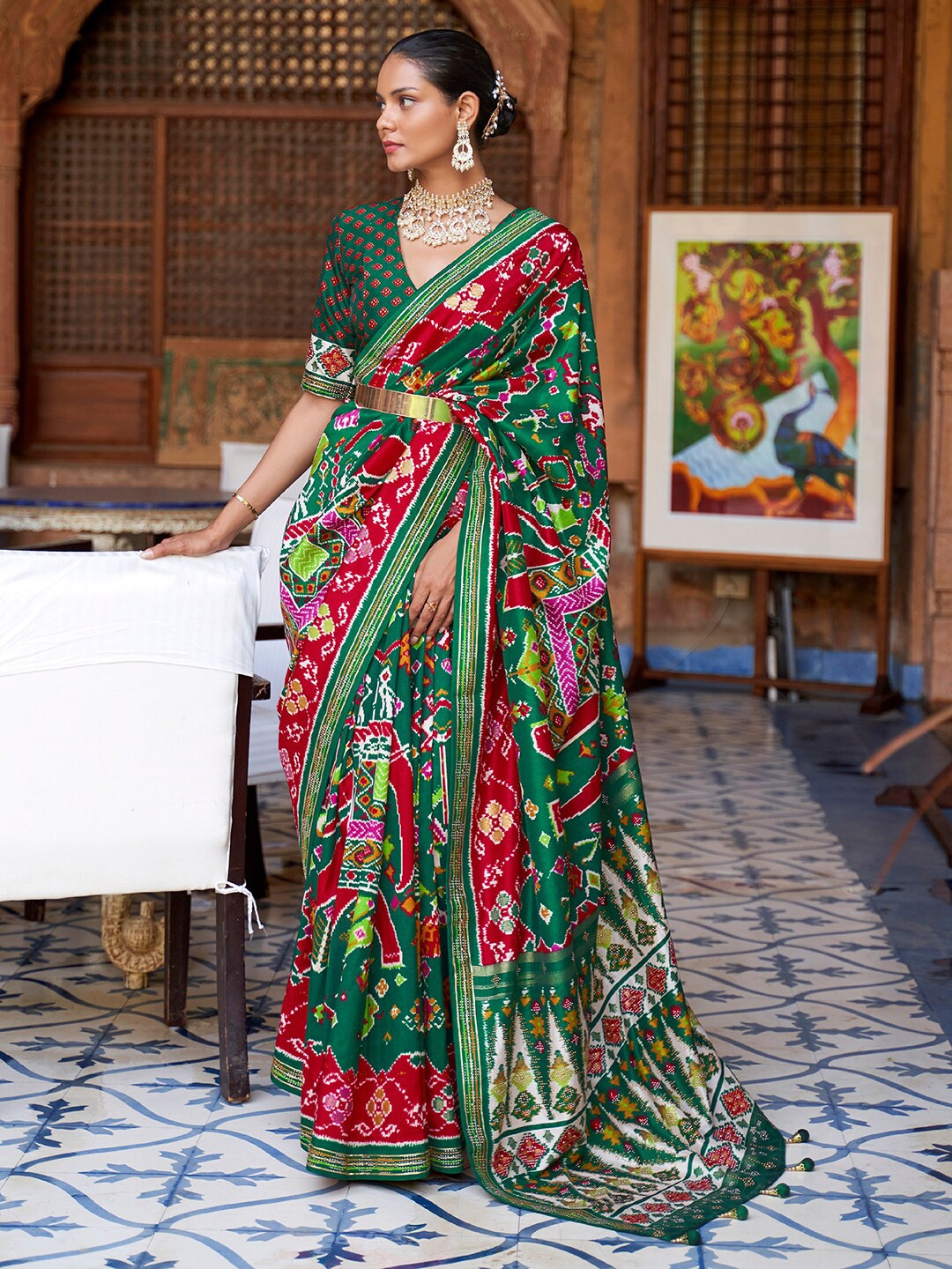 

Anouk Green & Maroon Ethnic Motifs Printed Beads & Stones Detail Patola Saree