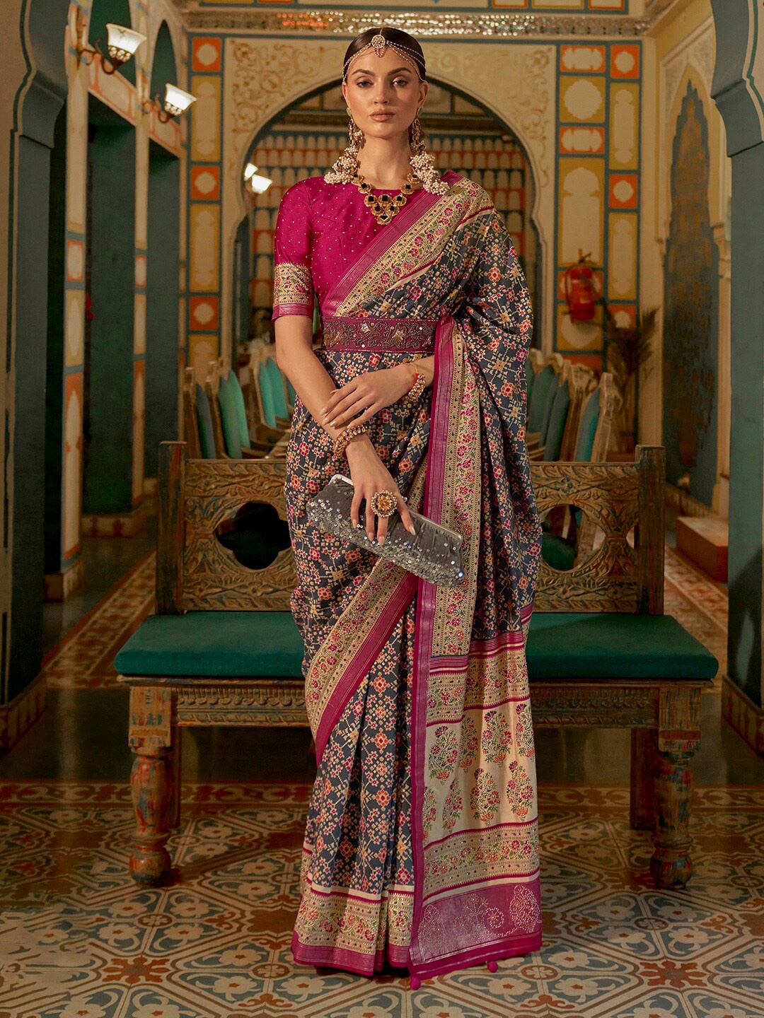 

Anouk Grey & Pink Ethnic Motifs Printed Zari Banarasi Saree