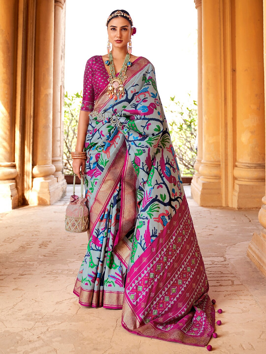 

Anouk Grey & Magenta Ethnic Printed Zari Banarasi Saree