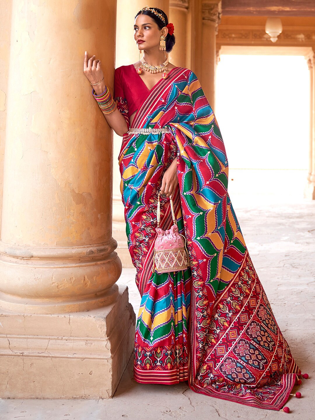 

Anouk Red & Green Ethnic Motifs Printed Beads And Stones Silk Blend Banarasi Saree