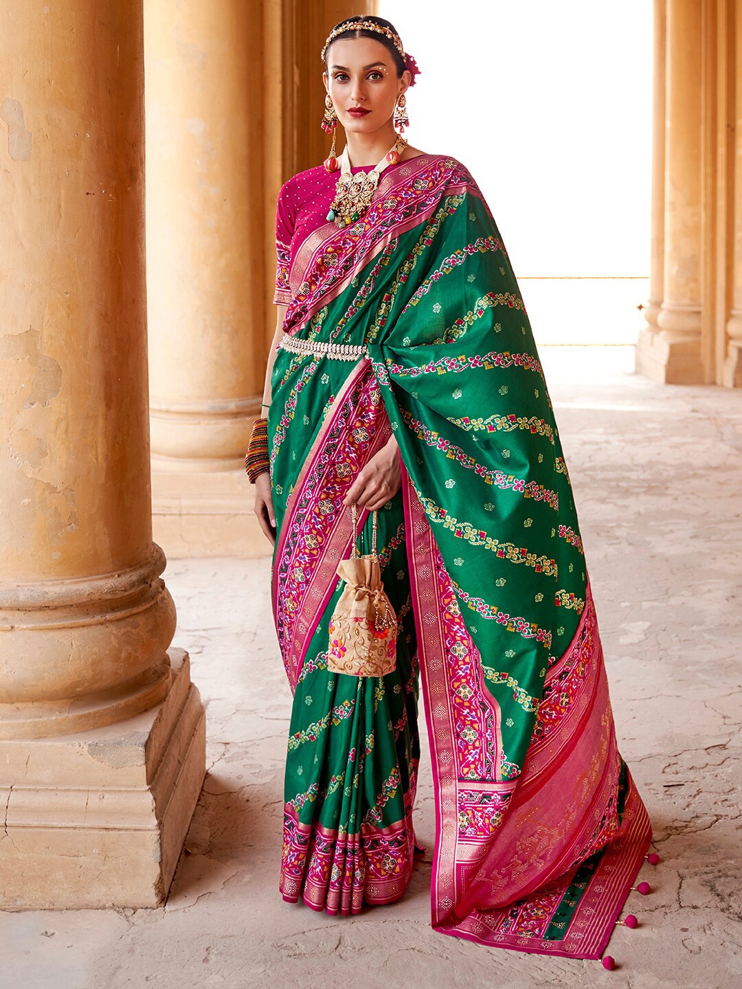 

Anouk Green & Pink Ethnic Motifs Zari Silk Blend Banarasi Saree