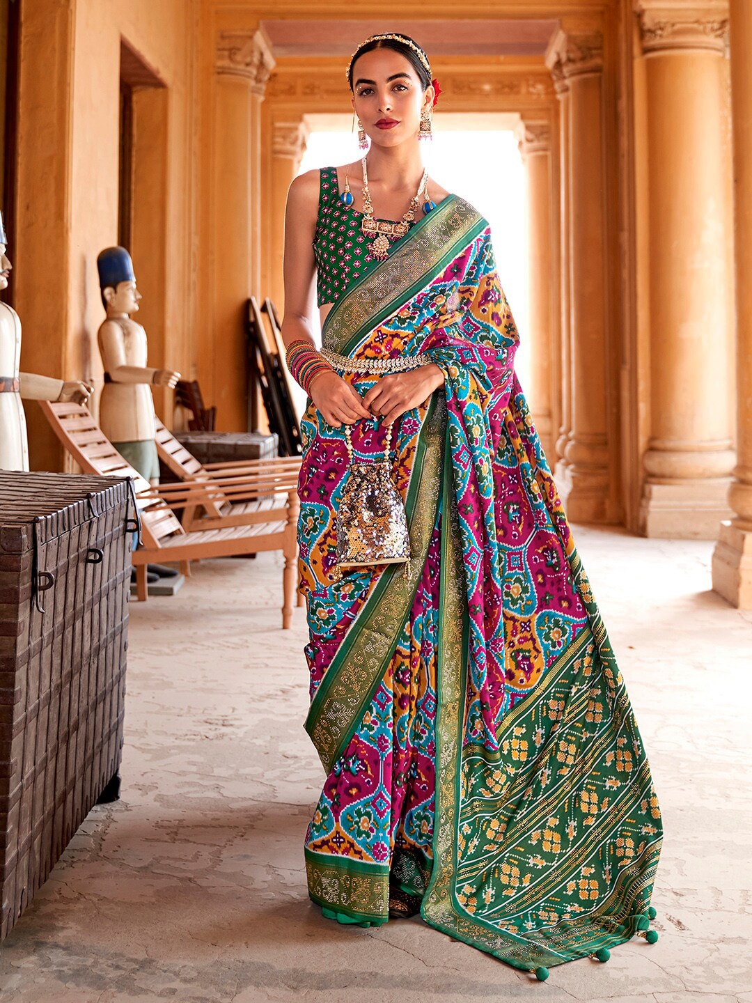 

Anouk Green & Blue Ethnic Motifs Woven Design Beads and Stones Patola Saree